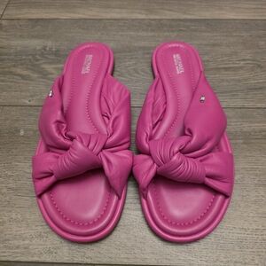 MICHAEL Michael Kors Elena Leather Slide Flat Sandals in the color Cerise/Pink